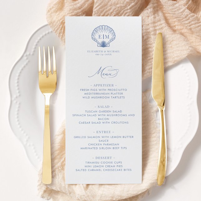 Strandhochzeit Blau Beach Shell Monogramm-Hochzeit Menükarte (Von Creator hochgeladen)