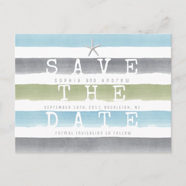 Strandhochzeit mit Aquarellstreifen Save the Date Ankündigungspostkarte (Vorderseite)