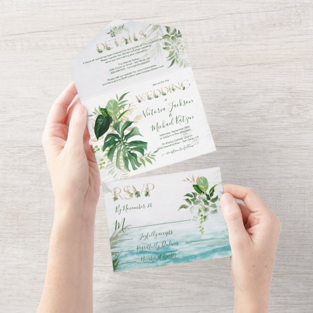 Strandhochzeit mit tropischen Blätter All In One Einladung (Abreißen)