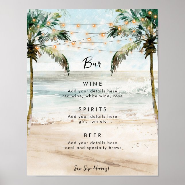 Strandhochzeit mit tropischen Palmen Party Bar Poster (Vorne)