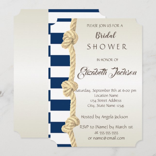 Strandhochzeit, Navy Rope, Stripes Brautparty Einladung (Vorne/Hinten)