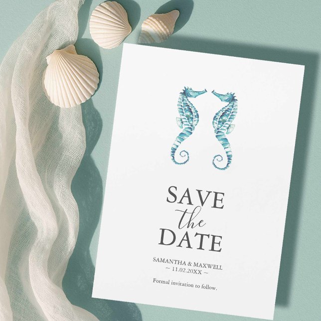 Strandhochzeit speichert Datumsmagnete Magneteinladung (Beach wedding looks watercolor seahorse art by Victoria Grigaliunas of Do Tell A Belle)