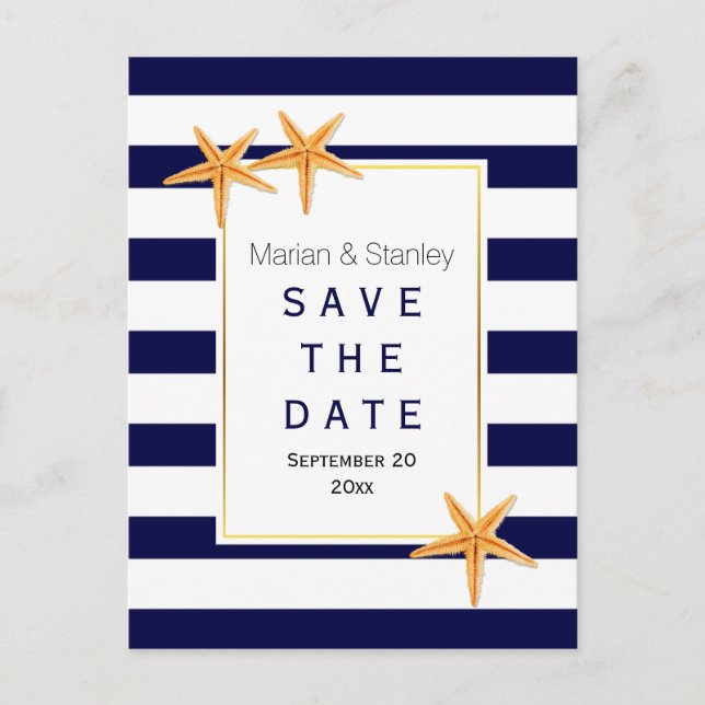 Strandhochzeit Starfish & stripes Save the Date Ankündigungspostkarte (Vorderseite)
