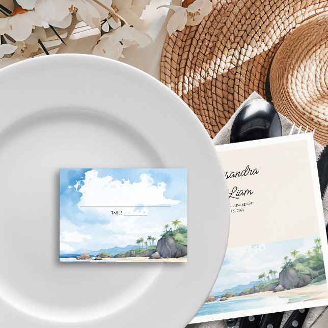 Strandhochzeit Watercolor tropischer Horizont Platzkarte (Wedding table place cards from the Summer Beach Wedding Collection by Darling & May)