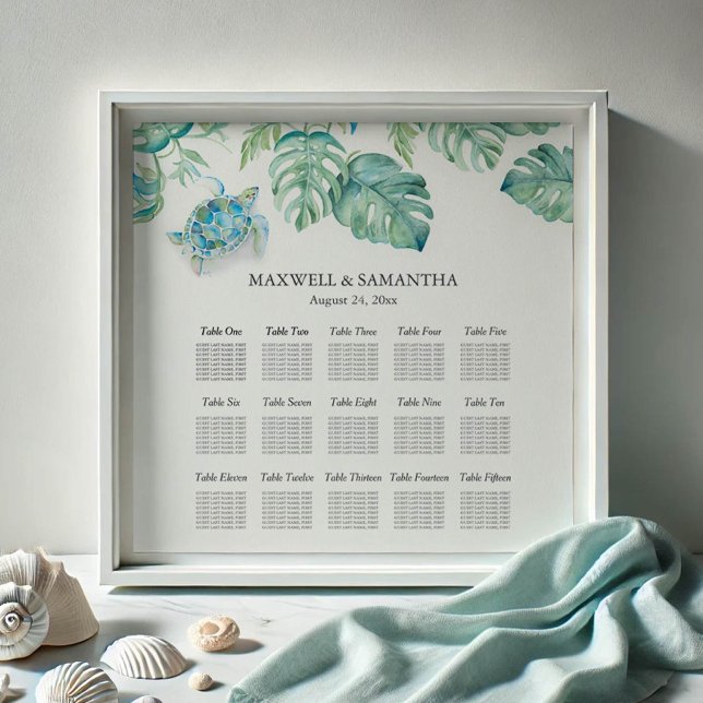 Strandhochzeit ZEICHEN Meeresschildkröten-Plakat Poster (wedding seating chart watercolor sea turtle and palm leaves by Victoria Grigaliunas Do Tell A Belle)