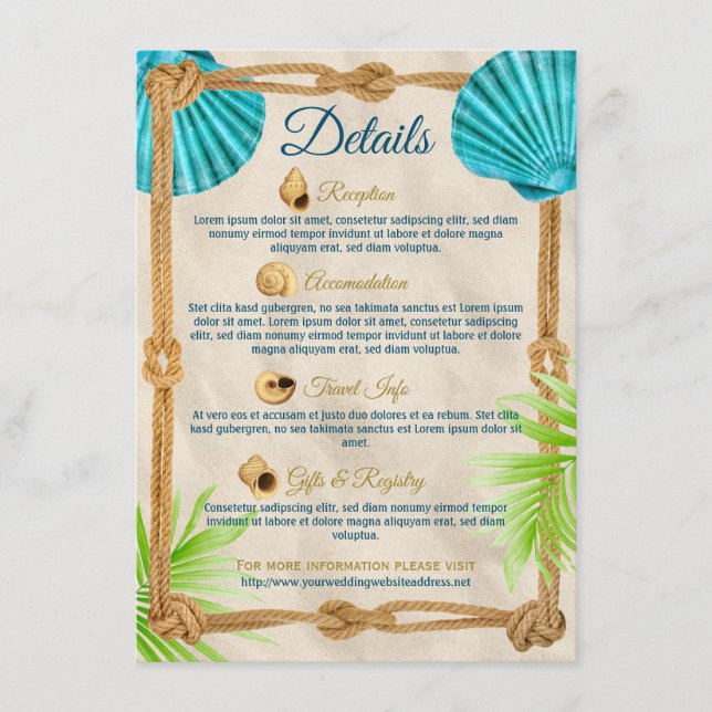 Strandhochzeiten Details Türkis Seashell Rope Palm Begleitkarte (Vorderseite)
