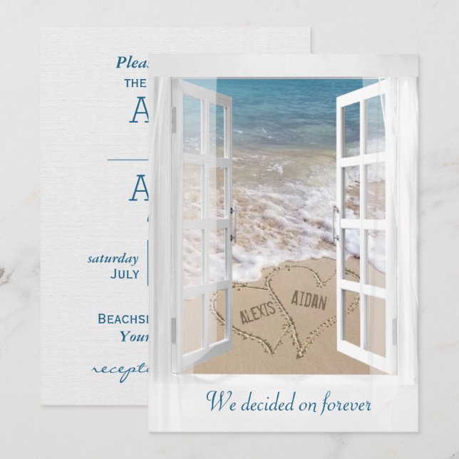 Strandhochzeiten Herz mit Namen im Fenster Einladung (Vorne/Hinten)