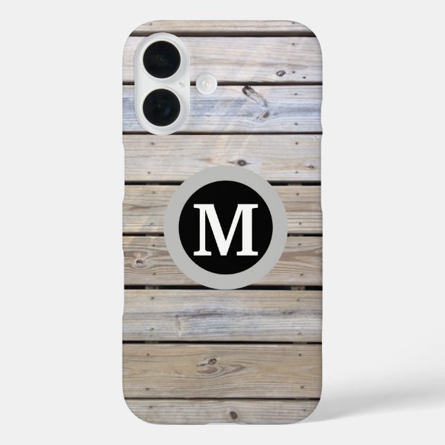 Strandholz Hintergrund Monogramm iPhone 16 Hülle (Rückseite)