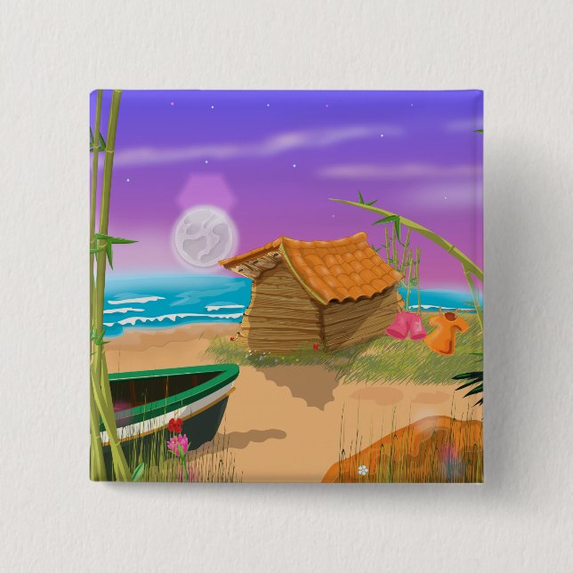 Strandhütte am sonnigen Strand Button (Vorderseite)