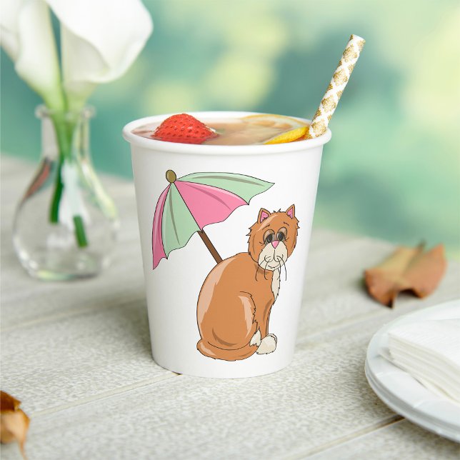 Strandkatze mit rosa und grünem Schirm Pappbecher (Von Creator hochgeladen)
