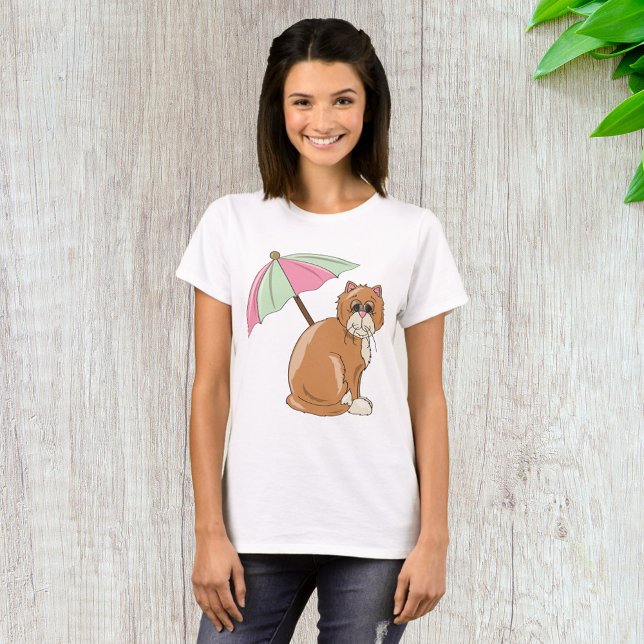 Strandkatze mit rosa und grünem Schirm T-Shirt (Von Creator hochgeladen)