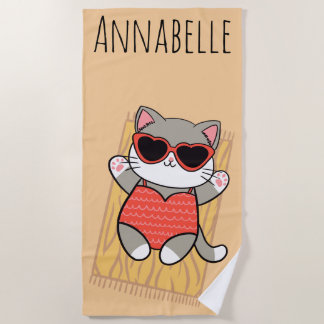 Strandkatze Rot Personalisierbares Strandhandtuch