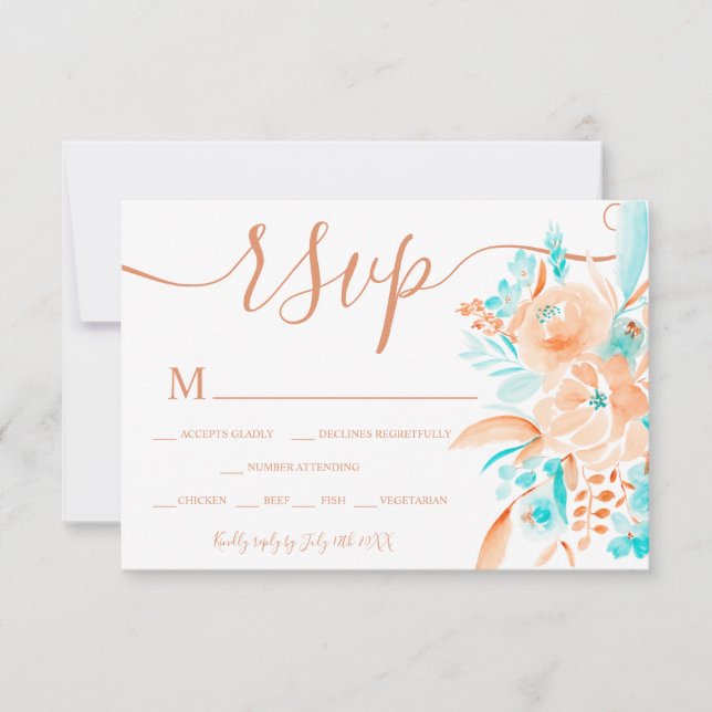 Strandkorallen aquamarin florale Aquarellfarben uA RSVP Karte (Vorderseite)