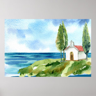 Strandküste Kirche Wasserfarbe Poster