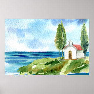 Strandküste Kirche Wasserfarbe Poster
