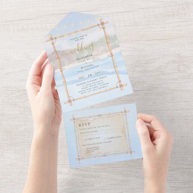 Strandküste - Lights Wedding RSVP MENU All In One Einladung (Abreißen)