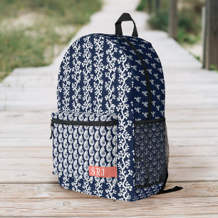 Strandküste Navy Blue White Coral Muschel Monogram Bedruckter Rucksack