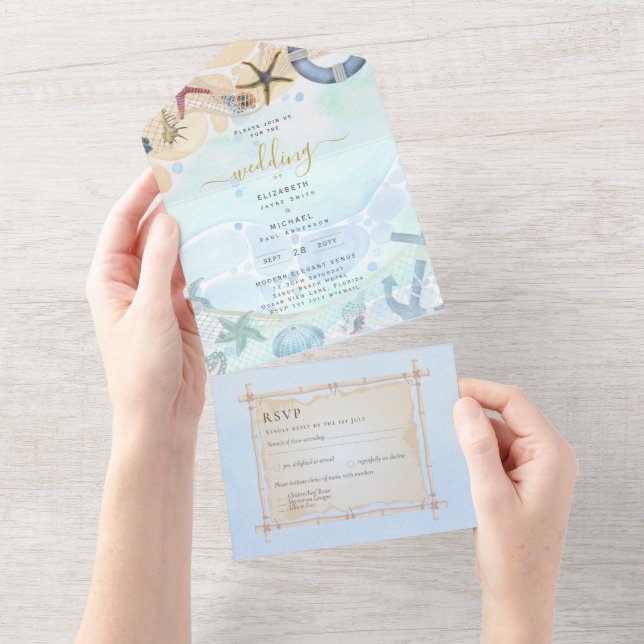 Strandküste Rustic Boho Wedding RSVP MENU All in One Einladung (Abreißen)