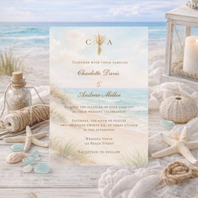 Strandküsten-Hochzeit mit Monogramm Einladung (Von Creator hochgeladen)