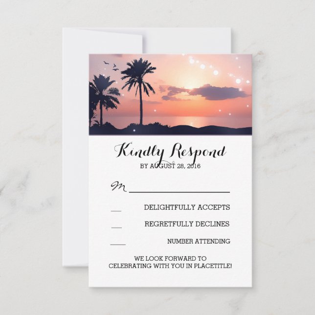Strandlampen Palm Sonnenuntergang Hochzeit RSVP Ka (Vorderseite)