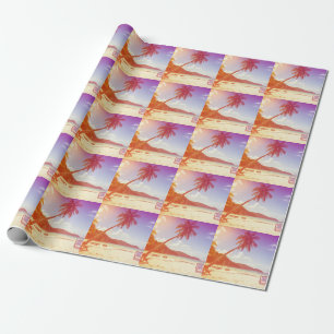 Strandlandschaft, Kokospalmen, Holzbett. Geschenkpapier