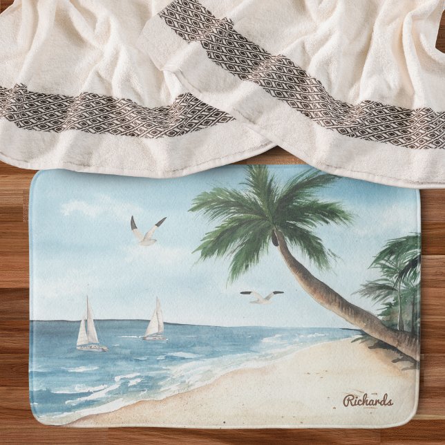 Strandlandschaft mit Sailboats Wasserfarbenbad Badematte (Von Creator hochgeladen)