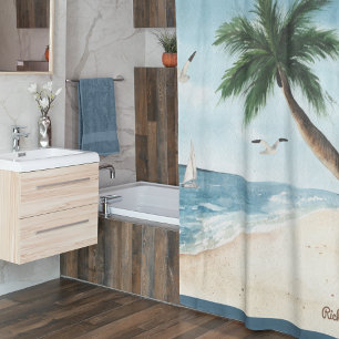 Strandlandschaft mit Sailboats Wasserfarbenbad Duschvorhang