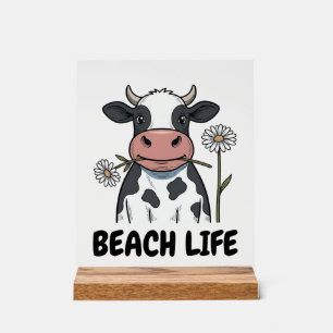 Strandleben Kuh Vintage-Stich T-Shirt Design_1 Acrylschild