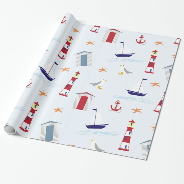 Strandleuchtturm-Bootsmuster des niedlichen Spaßes Geschenkpapier (Ungerollt)