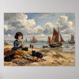 Strandmädchen mit schwarzen Katzen Malerei Poster