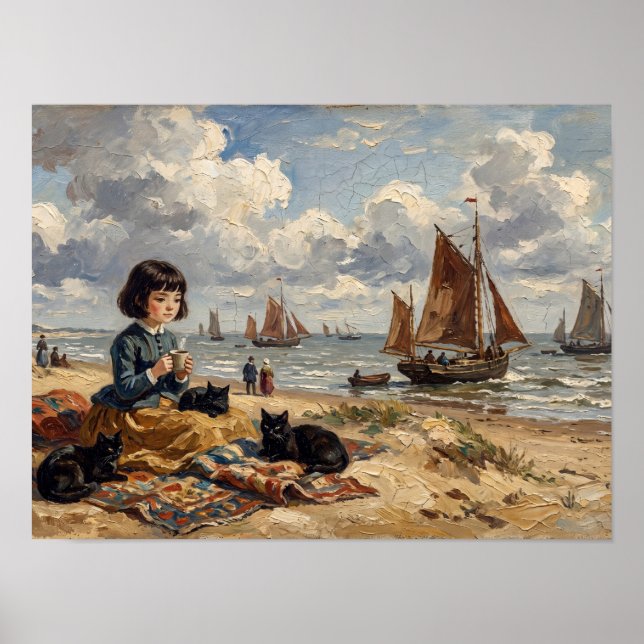 Strandmädchen mit schwarzen Katzen Malerei Poster (Vorne)