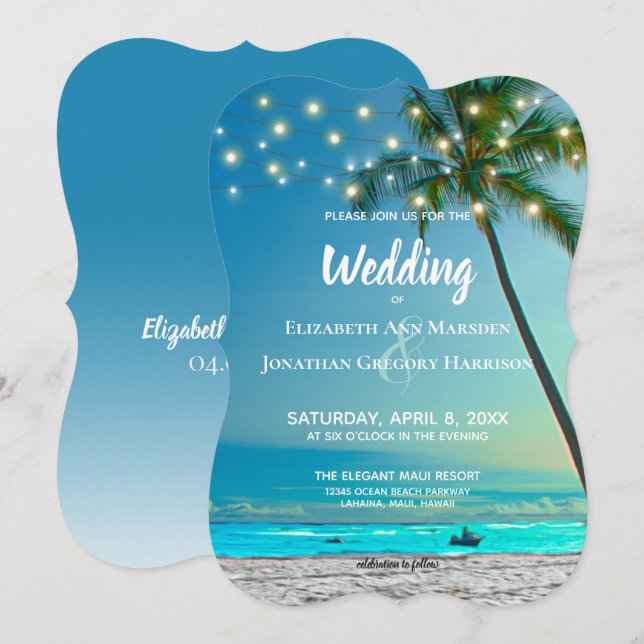 Strandnähten Hochzeit in Urlaubsort Einladung (Vorne/Hinten)