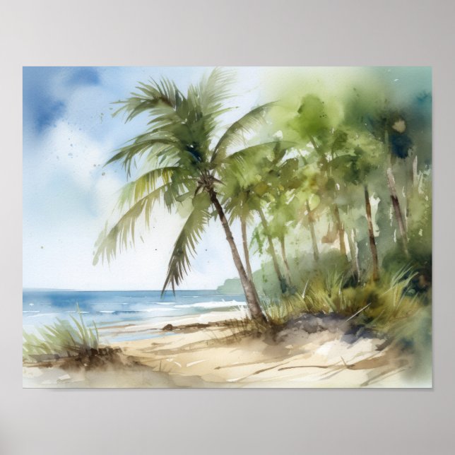 Strandpalme Bäume Wasserfarben Kunst, Dichtung und Poster (Vorne)