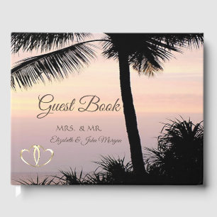 Strandpalmen Sonnenuntergang Herzen Hochzeit Gästebuch