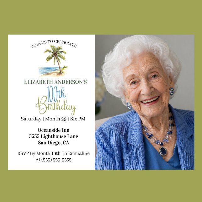 Strandpalmenbaum 100. Geburtstagsfoto Einladung (Elegant coastal 100th birthday photo invitation with tropical palm tree beach design )