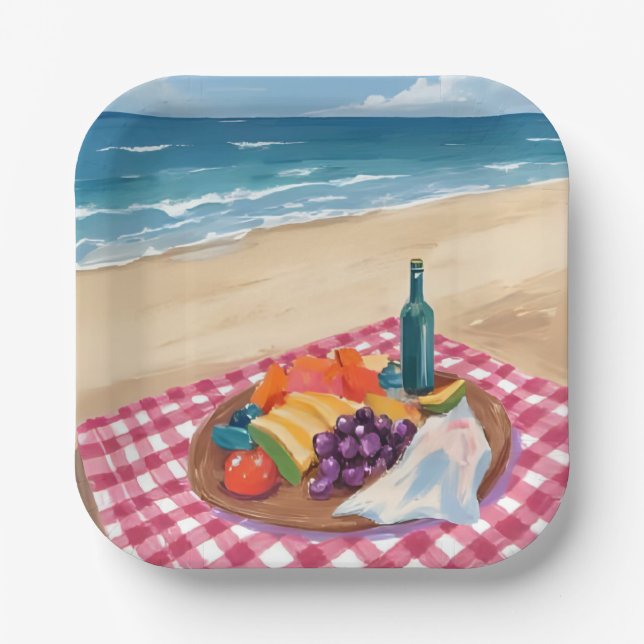 Strandpicknick | Ozeanstrandmalerei Pappteller (Vorderseite)