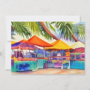 Strandpromenade Marktstände Wasserfarben Grußkarte Karte