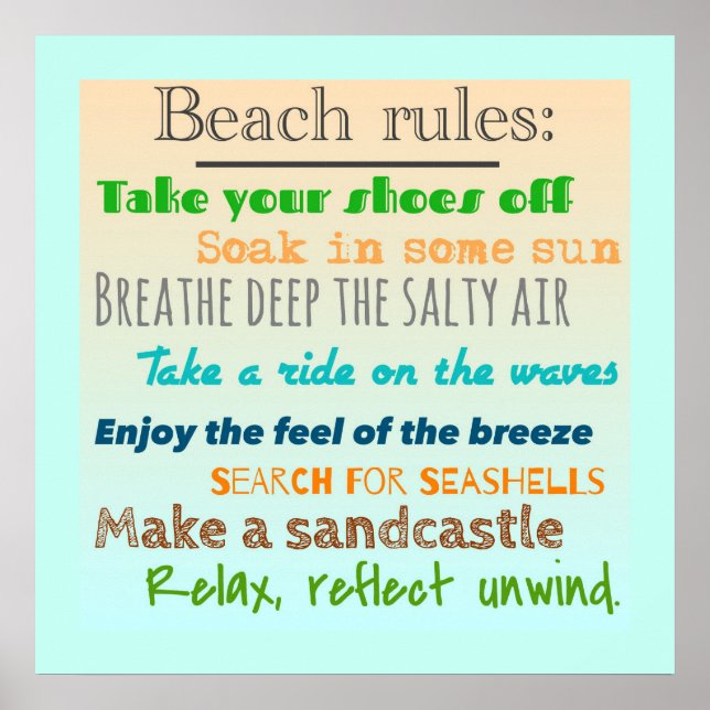 Strandregeln Spaß farbenfrohe nautische Typografie Poster (Vorne)