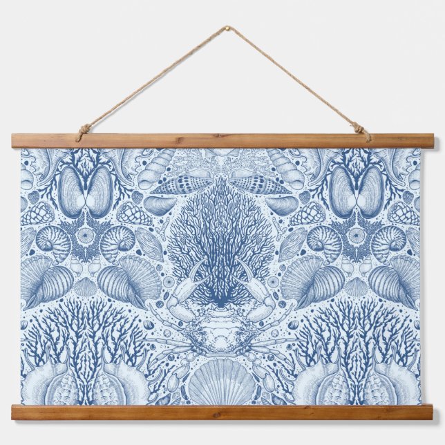 Strandschätze in Blau Wandteppich Mit Holzrahmen (Vorne)