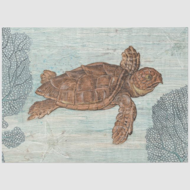Strandschildkröte Blaue Korkenkraken Holzdekoupage Seidenpapier (Vorderseite)