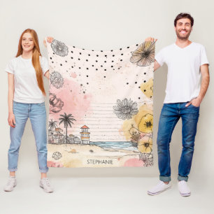 Strandskizze mit gelben Mohnblumen und Palmen Fleecedecke