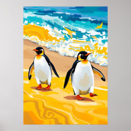Strandspaziergänger Pinguine - Lebhafte Kunst im O Poster