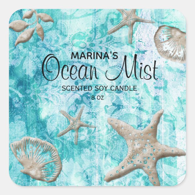 Strandstar Candle Seashell Blue Quadratischer Aufkleber (Vorderseite)