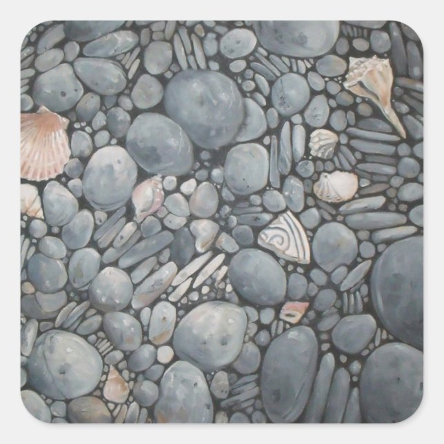Strandsteine Muscheln Kies Felsen Malerei Quadratischer Aufkleber (Vorderseite)