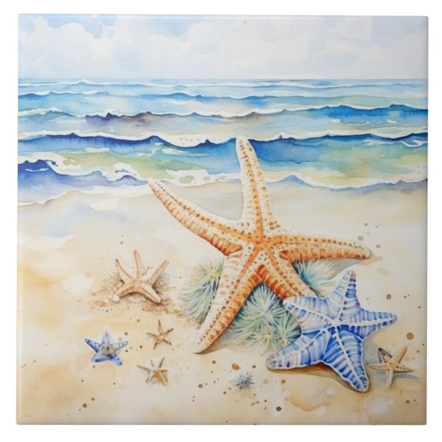 Strandstrand Starfish Wasserfarbe Fliese (Vorderseite)