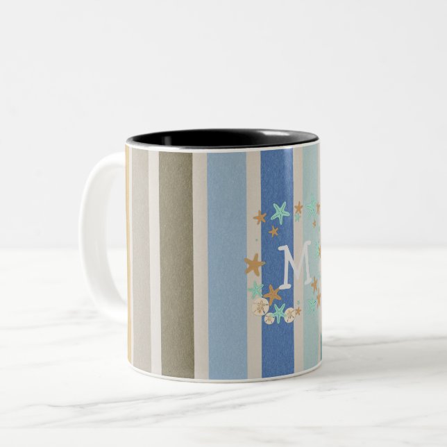 Strandstreifen und Starfish Monogramm Zweifarbige Tasse (Vorderseite Links)