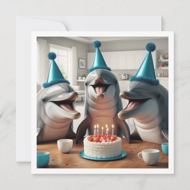 Strandtag, Geburtstagsparty am Strand, Delphin Einladung (Vorderseite)