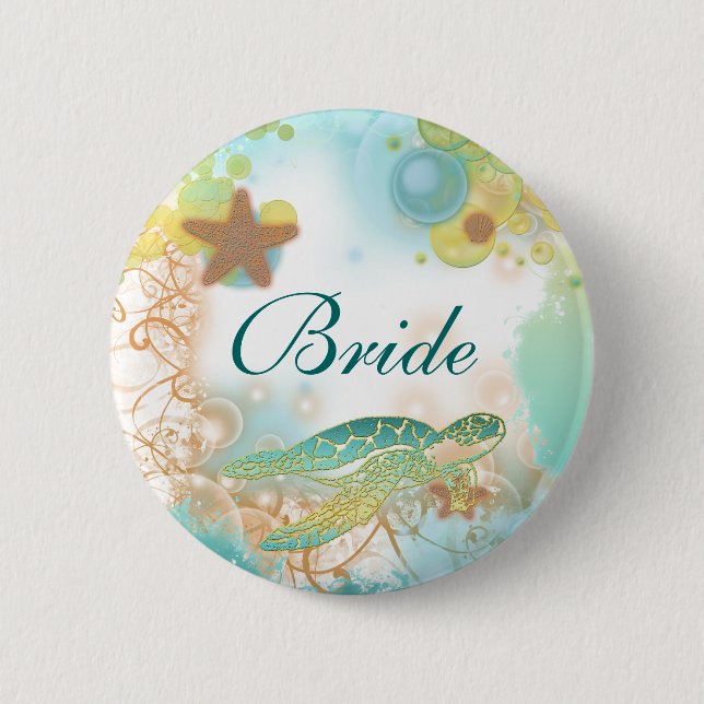 Strandthemahochzeits-Schildkrötebraut Button (Vorderseite)