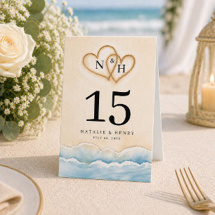 Strandtisch-Nummer für Hochzeiten mit Sand-Herz-De Tischaufsteller