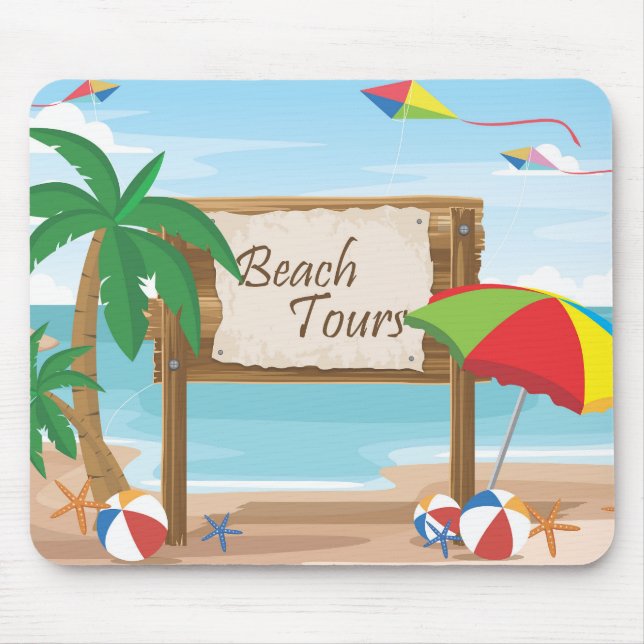 Strandtouren, Drachen, Sonnenschirme und Palmen Mousepad (Vorne)